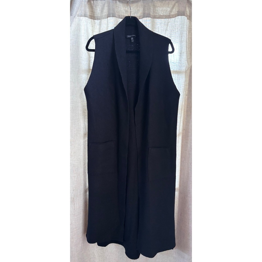 Eileen Fisher Womens Black 100% Wool Long Duster Vest Shawl Collar Small F5BW